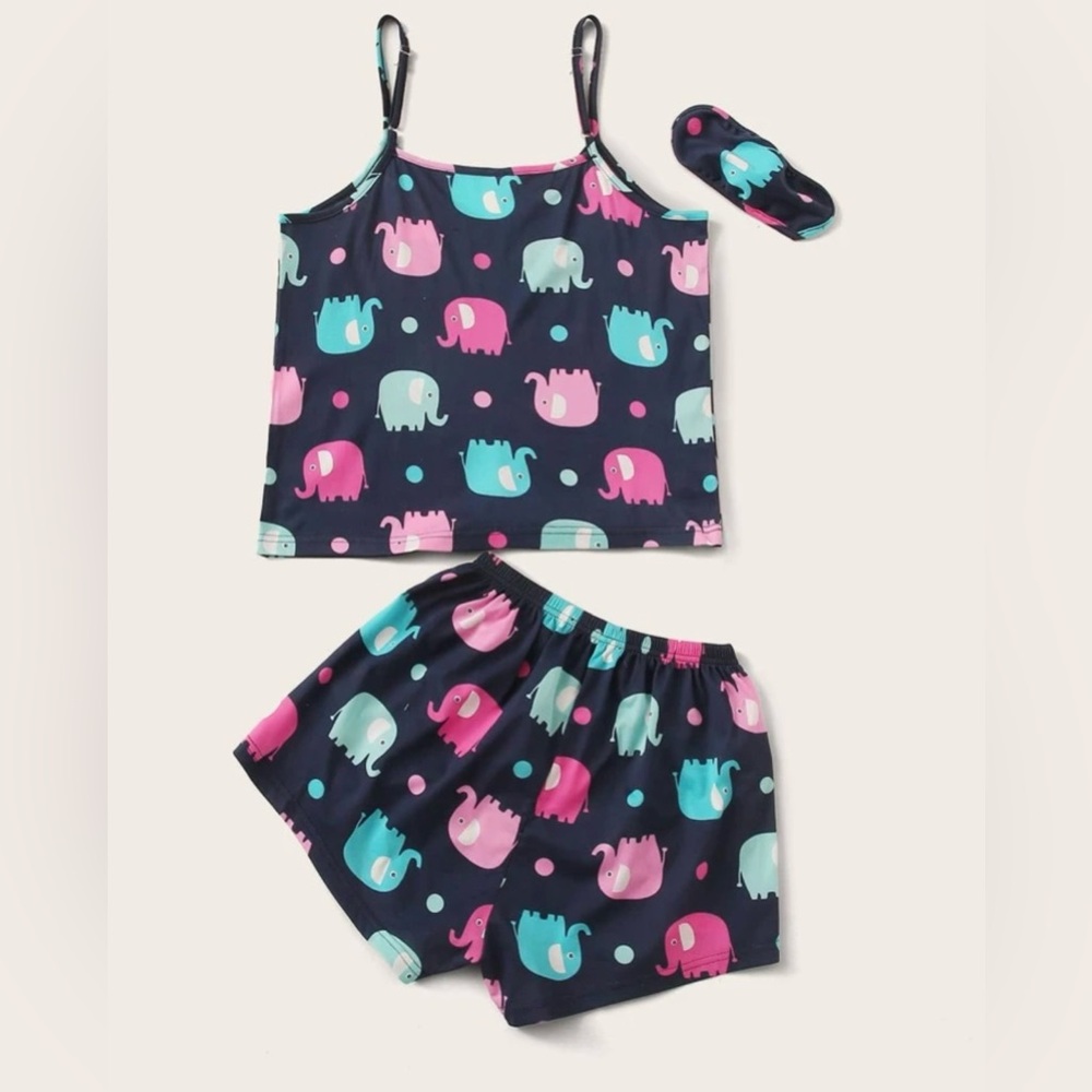 NEW 1 XL Plus Cartoon Elephant & Polka Dot Cami PJ Set With Eye Mask